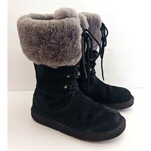 UGG Montclair 1892 Blk  Leather Tall Lace Up Boot Gray Shearling Lined US 7